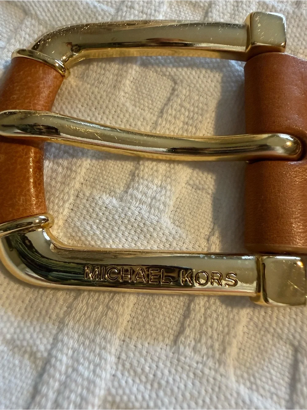 Michael Kors Gold Tone Buckle with Tan Leather blue and red stripe Accents